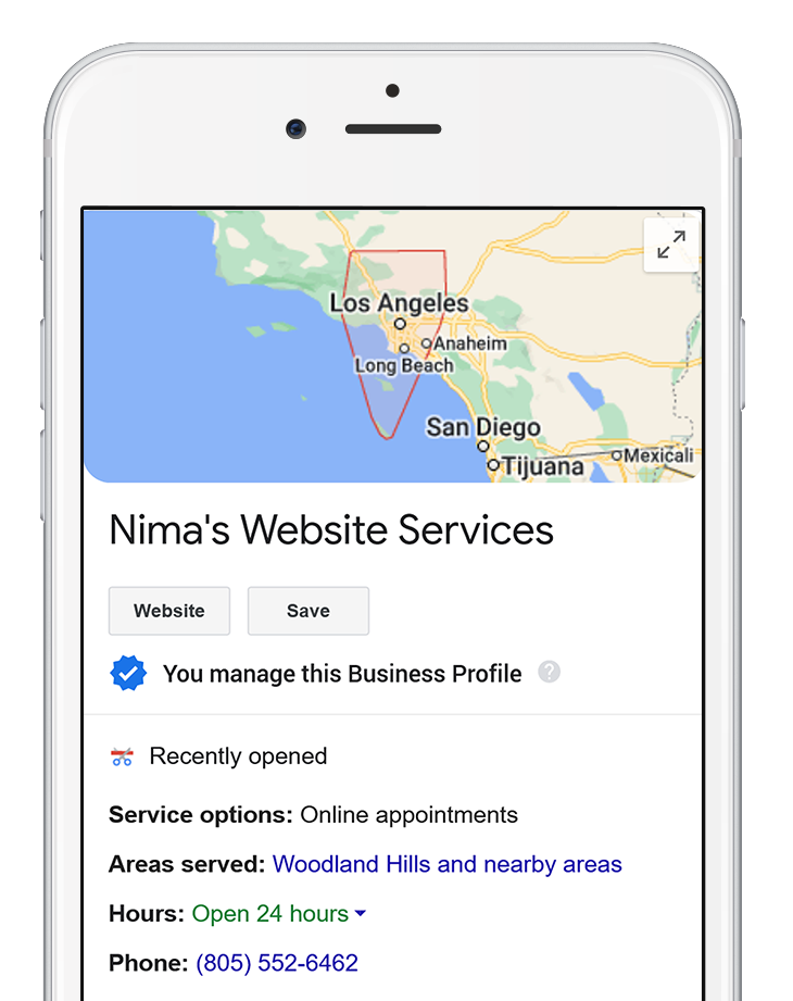 Nima's Web Services Los Angeles - Local Map iPhone Mockup